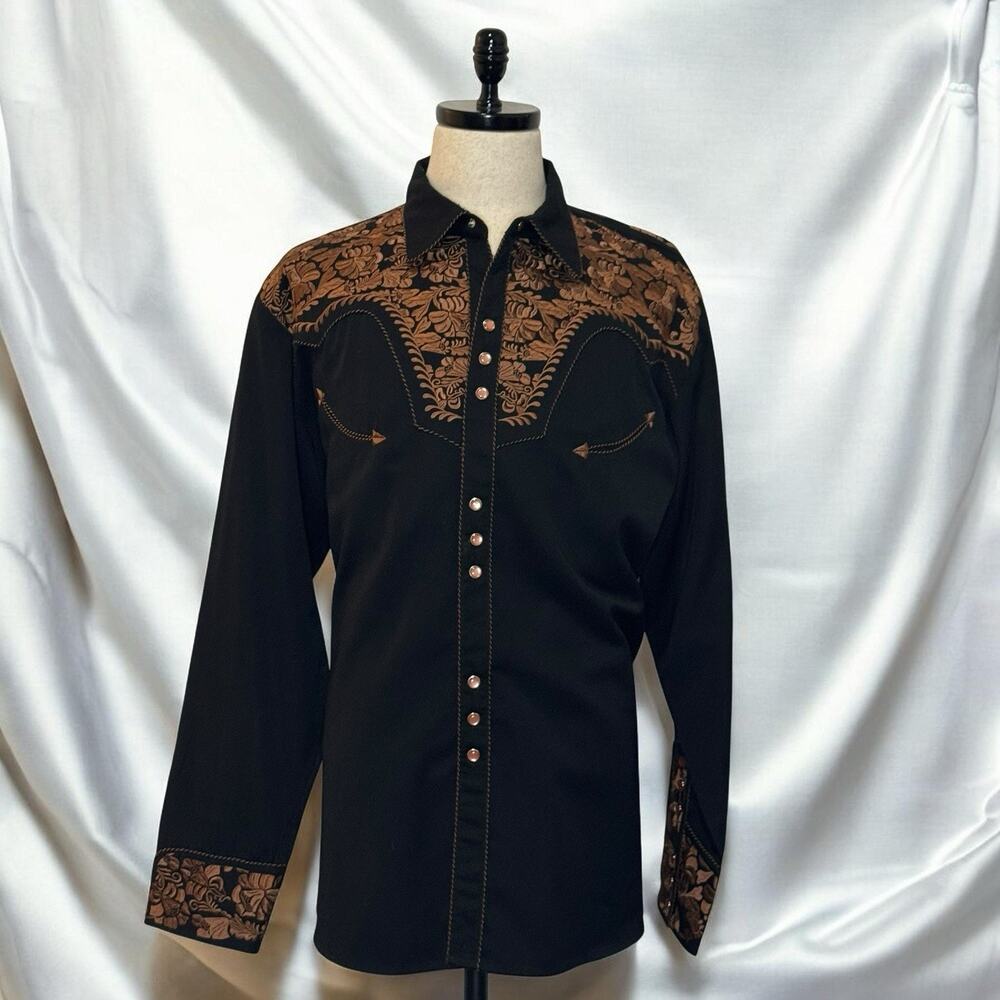 Scully Mens XL Gunfighter Western Pearl Snap Shirt Black Copper Floral P-634 EUC